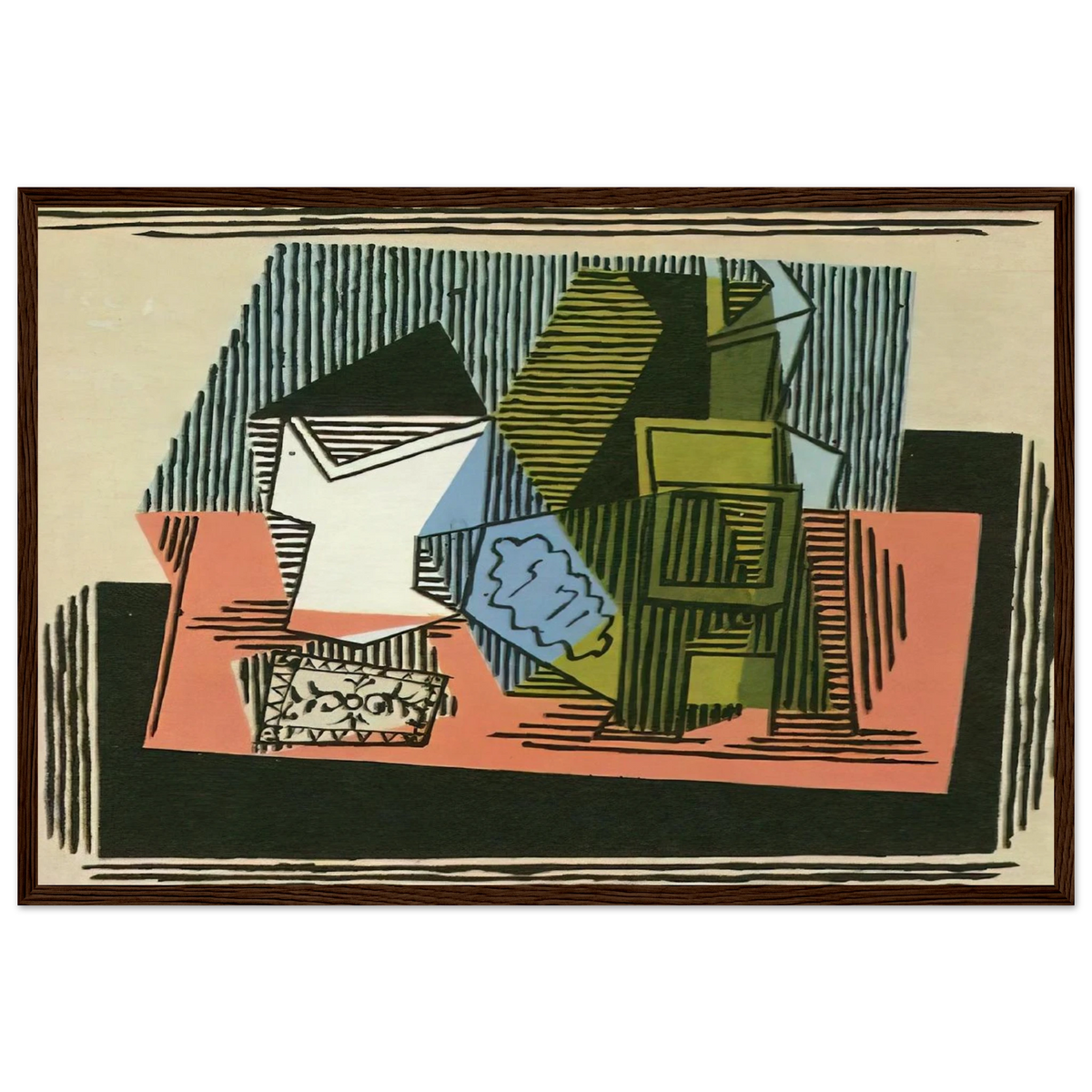 Glass, bottle, packet of tobacco Framed Poster | Pablo Picasso Framed Prints Wall Art | Pablo Picasso Shop
