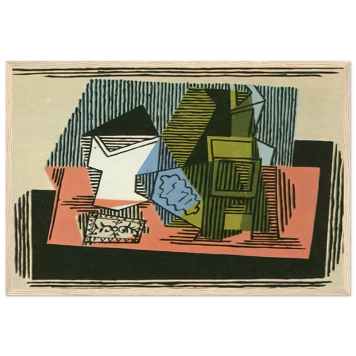 Glass, bottle, packet of tobacco Framed Poster | Pablo Picasso Framed Prints Wall Art | Pablo Picasso Shop